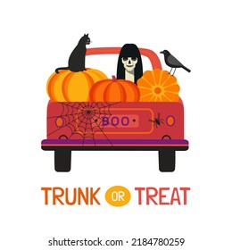 Afiche del Vector plano Fancy Halloween Trunk o Treat. Camión de vacaciones con fantasma espeluznante, calabazas, gato negro, elemento de diseño de dibujos animados de cuerdas. Felices fiestas de Halloween fiesta de diversión, espeluznante ilustración de fondo