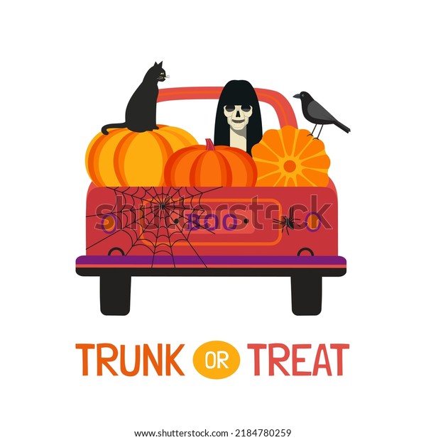 Fancy Halloween Trunk or Treat flat vector\
poster. Holiday truck with scary ghost, pumpkins, black cat, crow\
cartoon design element. Happy Halloween holiday fun event spooky\
background illustration