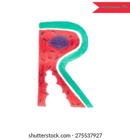 Fancy hand drawn watermelon font. Drawn in color pencils. Bright and juicy letter R