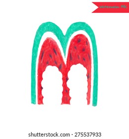 Fancy Hand Drawn Watermelon Font. Drawn In Color Pencils. Bright And Juicy Letter M