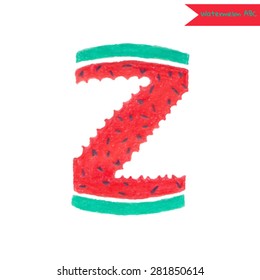 Fancy hand drawn watermelon font. Drawn in color pencils. Bright and juicy letter Z.