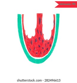 Fancy hand drawn watermelon font. Drawn in color pencils. Bright and juicy letter W.