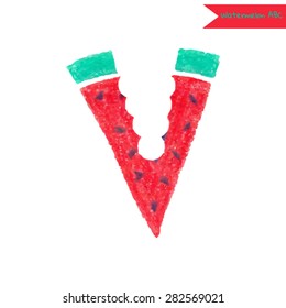 Fancy hand drawn watermelon font. Drawn in color pencils. Bright and juicy letter V.