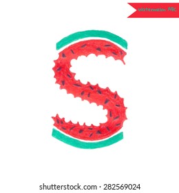 Fancy Hand Drawn Watermelon Font. Drawn In Color Pencils. Bright And Juicy Letter S.