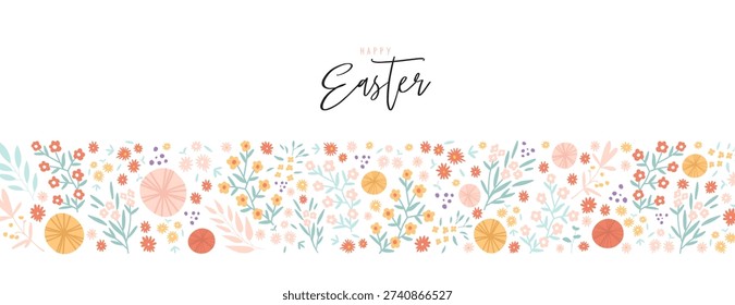 Fancy handdrawn floral Easter background with space for text, vector illustration.