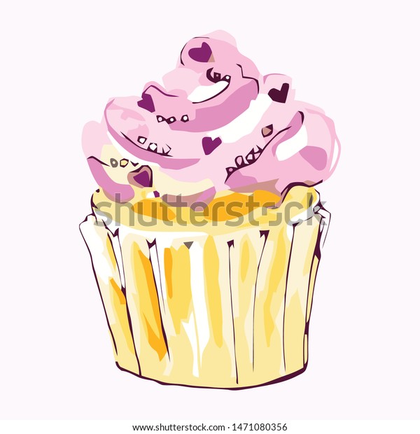 Fancy Hearts Decorated Cupcake Graphic Vanilla Royalty Free