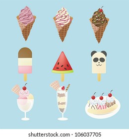 Fancy ice creams and summer dessert icon with 9 different look in isolated background, design by vector