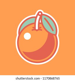 Fancy icon, sign of cartoon style graphical orange, citrus fruit. Sticker, label style. Isolated vector illustration. On orange background