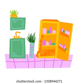 Fancy interior with home plants in pots. Kitchen. Isolated vector image. 