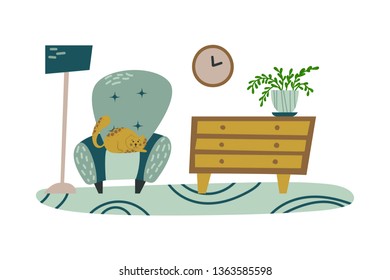 Fancy interior with home plants in pots. Lounge. Isolated vector image. Pet