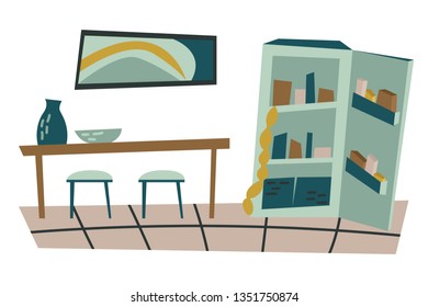 Fancy interior in modern colors. Kitchen. Isolated vector image. Hygge room.