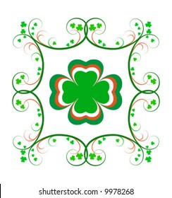 Fancy Irish frame with green and orange scrolls and shamrocks on white background.