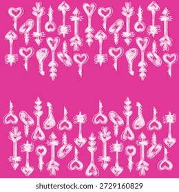 Fancy keys of various sizes resembling arrows and spades featuring heart shapes pointed up and down in one direction with copy text space in middle; hand-drawn vector illustration for St. Valentine's