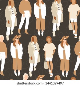 Fancy ladies dressed in trendy clothes standing in various poses. Fashion look.  Female faceless characters. Hand drawn colored vector seamless pattern. Black background