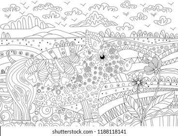 fancy landscape with floral pig for your coloring book