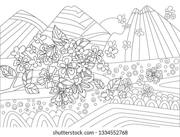 fancy landscape with mountains and branch of flowering cherry for your coloring book