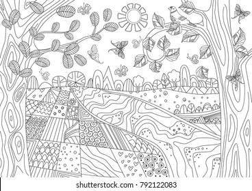 fancy landscape with rustic fields for coloring book
