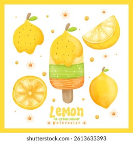 fancy lemon ice-cream summer watercolor elements isolated on white background. Vector illustration.