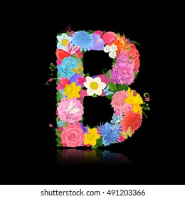 Fancy letter of beautiful flowers on black background B