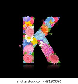 Fancy letter of beautiful flowers on black background K