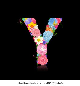 Fancy letter of beautiful flowers on black background Y