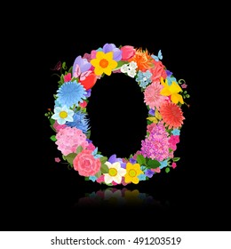 Fancy letter of beautiful flowers on black background O