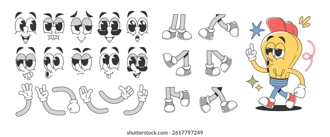 Fancy light bulb groovy animated cartoon character constructor set with feet, arms and faces