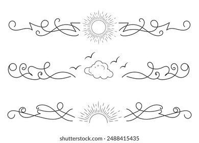 Fancy Lines summer flourish Elegant dividers, hand drawn sunset and sunrise tropical beach ornate text divider, beach vibes Thin line calligraphy page separator decorative element 


