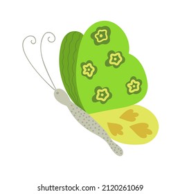 Fancy little colorful butterfly in simple flat style vector illustration, symbol of Easter holidays, spring or summer, celebration decor, clipart for cards, banner, springtime decoration, cute insect