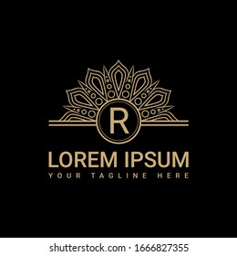 Fancy logo design, simple and clean logo with the initials luxurious R letter with a black background, suitable for restaurants, hotels, cafes, shops, fashion, beauty salons, etc.