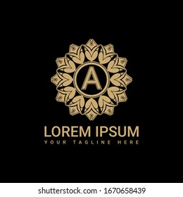 Diseño de logo de Fancy, sencillo y limpio, iniciales A con marcos ornamentales y fondo negro, adecuadas para restaurantes, hoteles, cafés, tiendas, moda, salones de belleza, etc.