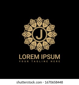Fancy logo design template, simple and clean J initials with ornament frames and black background, suitable for restaurants, hotels, cafes, shops, fashion, beauty salons, etc.
