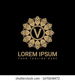 Fancy logo design template, simple and clean V initials with ornament frames and black background, suitable for restaurants, hotels, cafes, shops, fashion, beauty salons, etc.