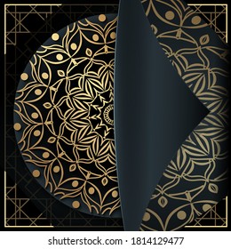 Fancy mandala backdrop for wedding invitation, with book cover paper fold concept. Patterns in Moroccan, Indian, Islamic, Chinese, Nepalese or Arabic Style. Decor