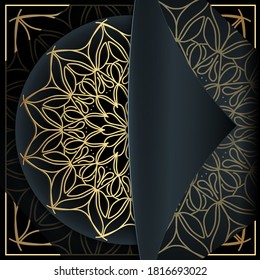 Fancy mandala backdrop for wedding invitation, with book cover paper fold concept. Patterns in Moroccan, Indian, Islamic, Chinese, Nepalese or Arabic Style. Decor