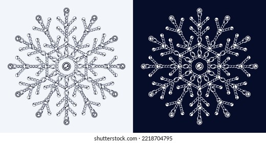 Fancy monochrome snowflake made of jewelry chains with ball beads. Elegant jewel illustration for winter sales, christmas, new year holiday, gift decoration.