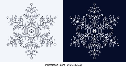 Fancy monochrome snowflake made of jewelry chains with ball beads. Elegant jewel illustration for winter sales, christmas, new year holiday, gift decoration.