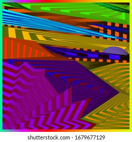 Fancy neon landscap with stylised violet mountains, sea and Sun.