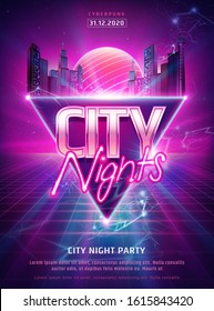 Fancy night party poster in cyberpunk style with skyscrapers on abstract triangle background