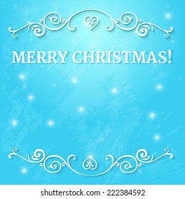 Fancy ornate frame with text merry christmas at blue background with falling snow and glowing lights