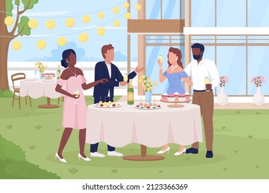 Fancy outdoor reception flat color vector illustration. Wedding day celebration. Birthday party. Informal conversation. 2D simple cartoon guests partying outdoor with decorations on background