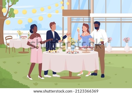 Fancy outdoor reception flat color vector illustration. Wedding day celebration. Birthday party. Informal conversation. 2D simple cartoon guests partying outdoor with decorations on background