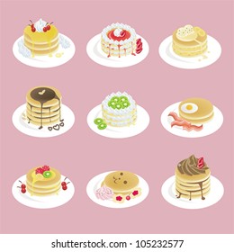 Fancy pancakes dessert with 9 different look and strawberry caramel syrup topping icon set, design by vector