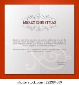 Fancy paper frame with swirl borders and papercut text merry christmas at elegant red background