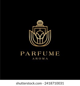 fancy parfume logo with gold colored lines. luxury parfume bottle logo and business card design.
