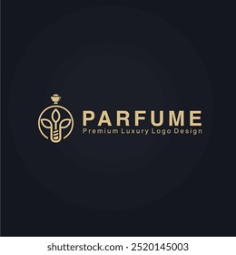 logotipo de fantasia parfume com linhas de cor dourada. logotipo de garrafa de luxo parfume e design de cartão de visita