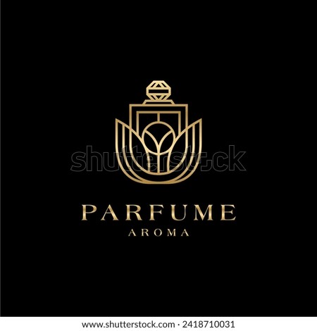 fancy parfume logo with gold colored lines. luxury parfume bottle logo and business card design.
