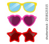 Fancy party glasses, colorful sunglasses cartoon isolated on white background. Vector flat illustration of cool stylish eyeglasses.