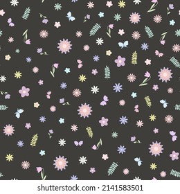 Fancy pastel-colored butterflies, flowers seamless pattern, vector illustration simple flat style, symbol of spring, Easter holidays celebration decor, clipart for cards, banner, springtime decoration