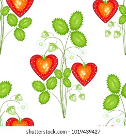A fancy pattern. The bush is tuberous. Ripe red berries in the shape of heart. Suitable as wallpaper in the kitchen, for food packaging, gifts. In love with Valentine's Day. Vector illustration.